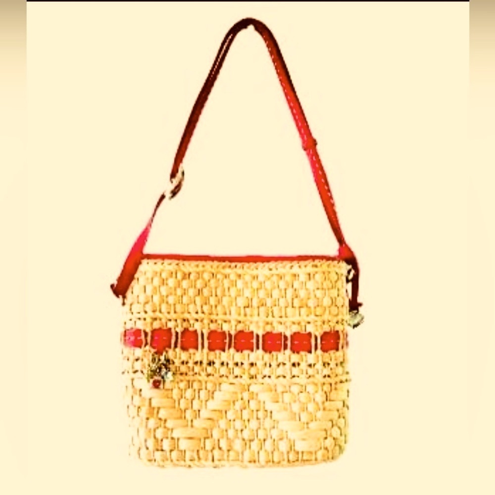 Brighton straw tote with pink leather trim
